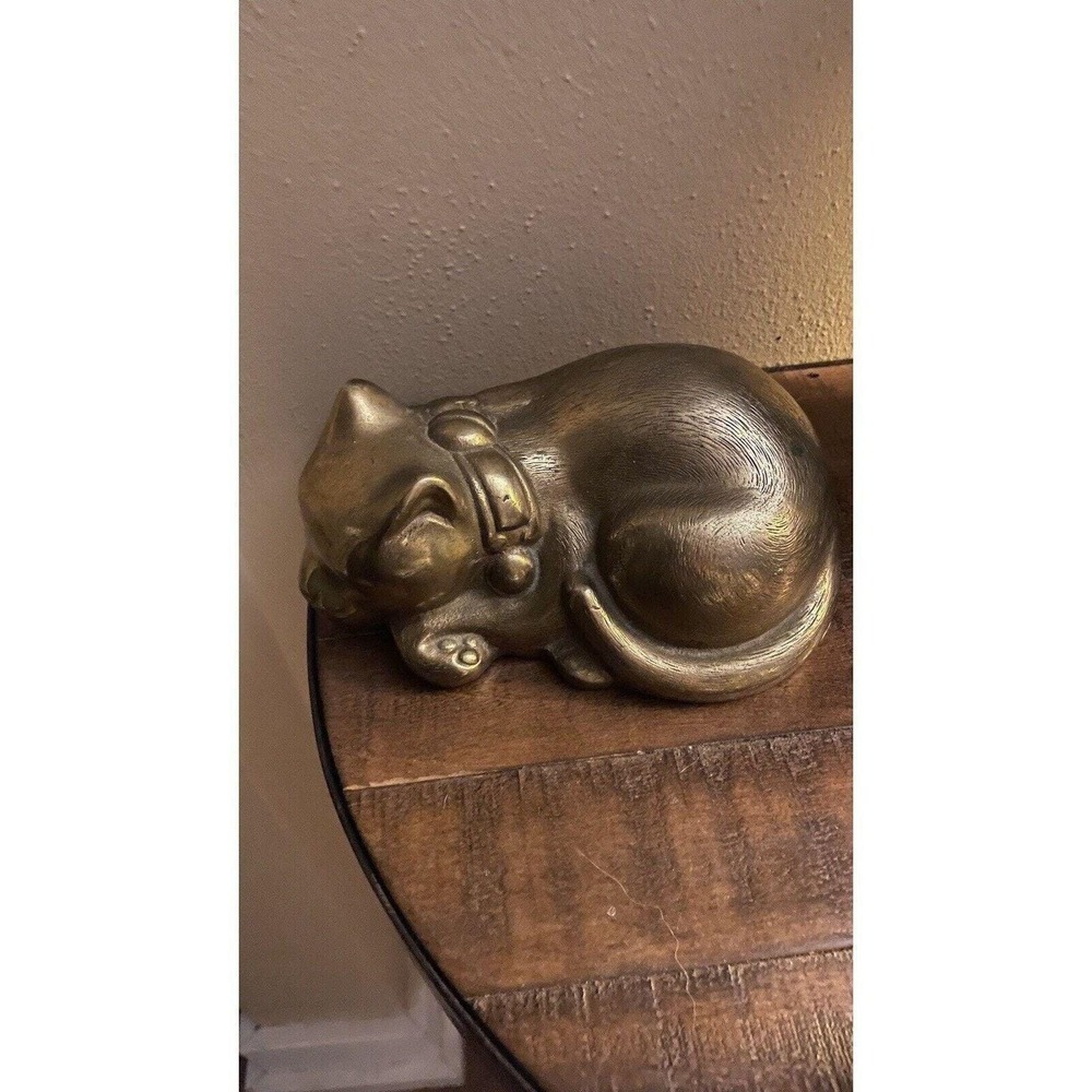 Vtg Brass Cat MCM Kitty 7" Long Large Figurine Japan L J Gold Art Desk Patina b